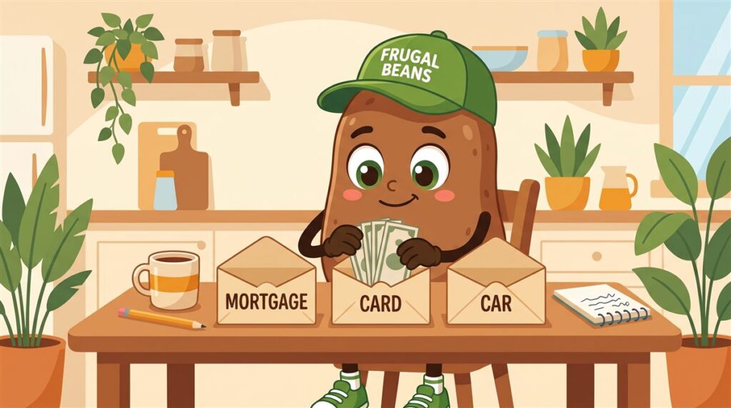Types of debt: Bo the Frugal Beans mascot sorts bills into envelopes labeled mortgage, card and car