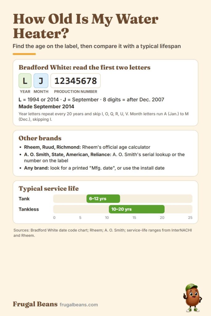How old is my water heater infographic: how to read a Bradford White serial number, where to look up other brands, and typical tank and tankless lifespans
