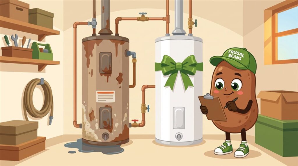 Bo compares a rusty, leaking old water heater with a new one to decide whether its water heater age means it is time to replace