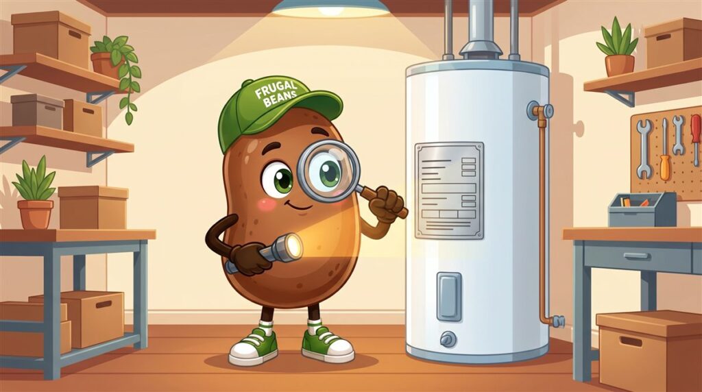 Bo the bean reads the rating label on a tank water heater with a flashlight and magnifying glass to find the water heater age