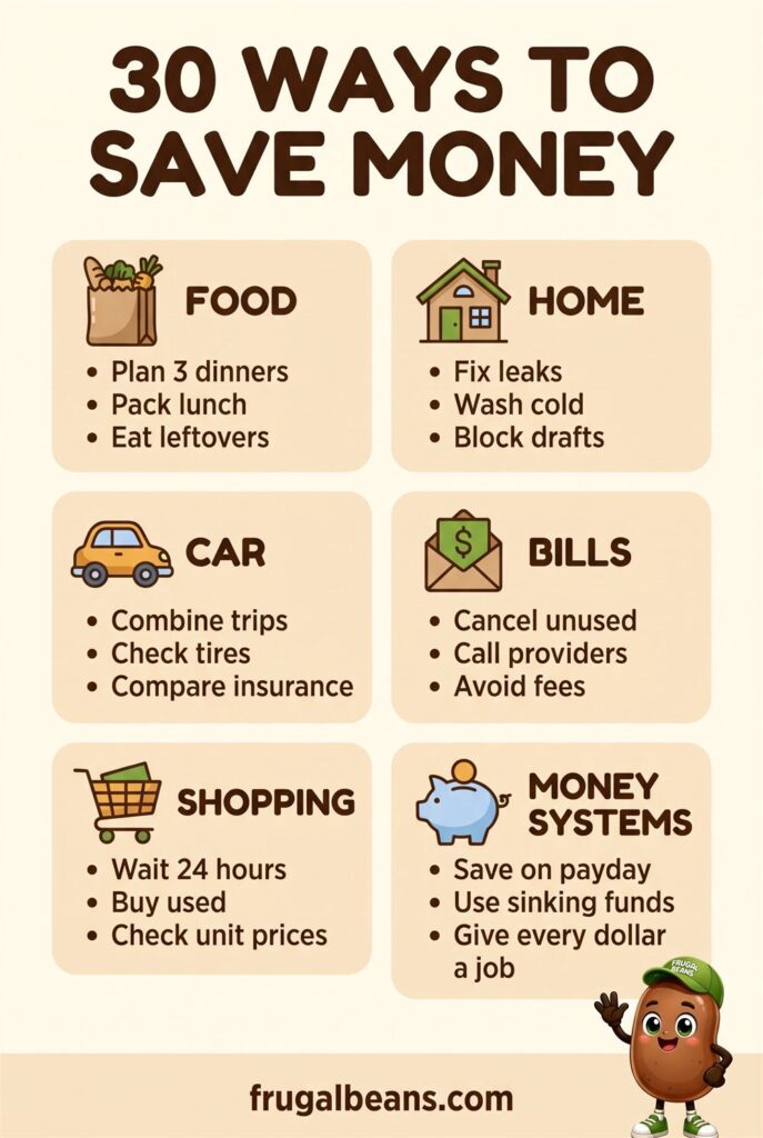 Infographic: 30 ways to save money in six categories - food, home, car, bills, shopping and money systems