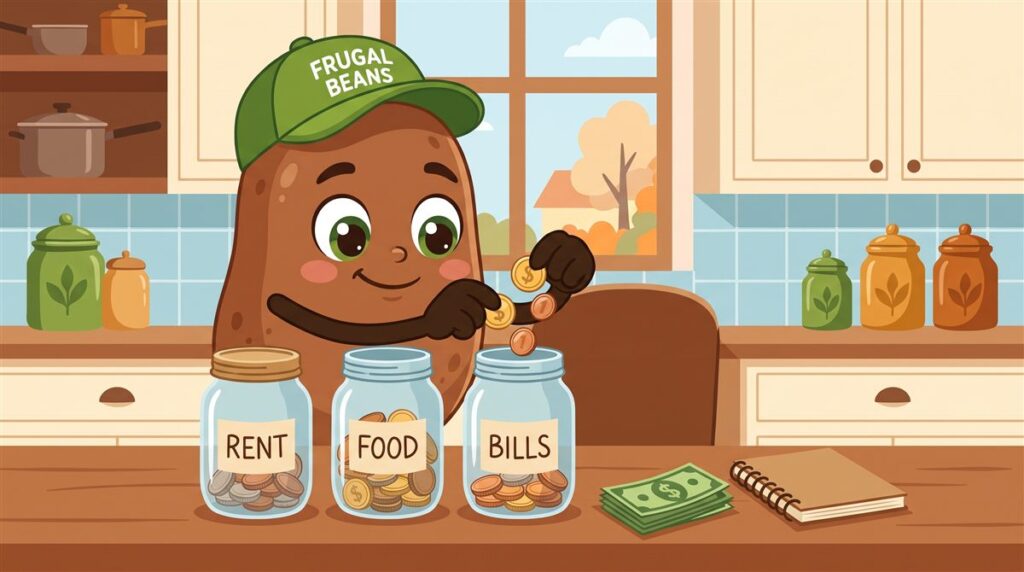 Ways to save money on a tight budget: Bo the Frugal Beans mascot drops coins into jars labeled rent, food and bills