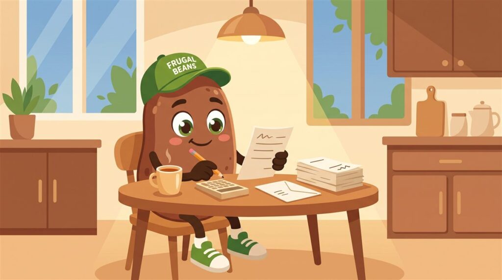 Bo calmly reviews bills with a calculator and a cup of tea at the kitchen table