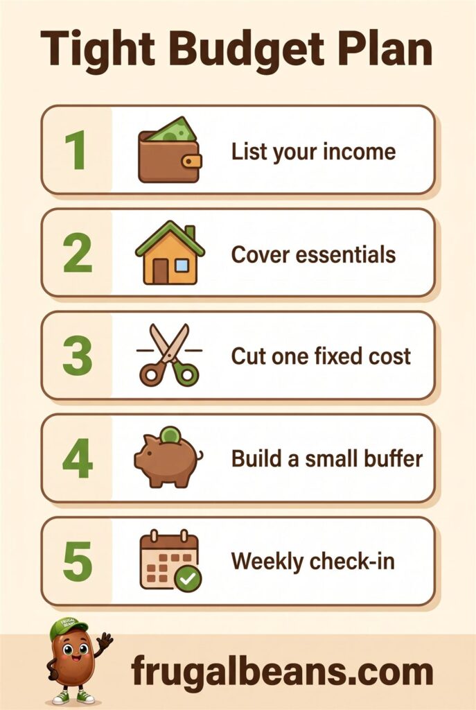 Infographic: Tight Budget Plan in 5 steps - list your income, cover essentials, cut one fixed cost, build a small buffer, weekly check-in