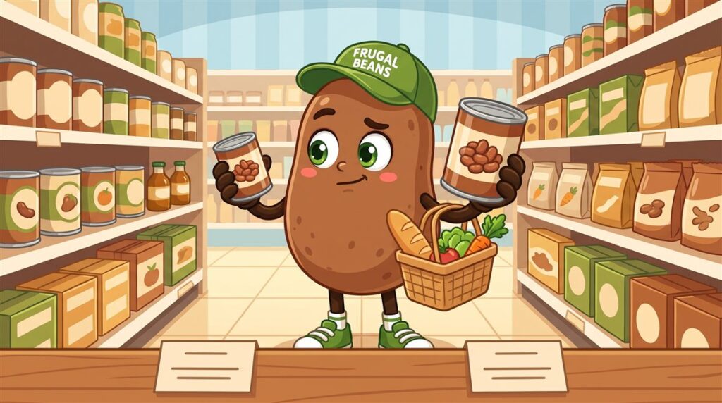 Bo compares a small and a large can of beans by unit price in the grocery aisle