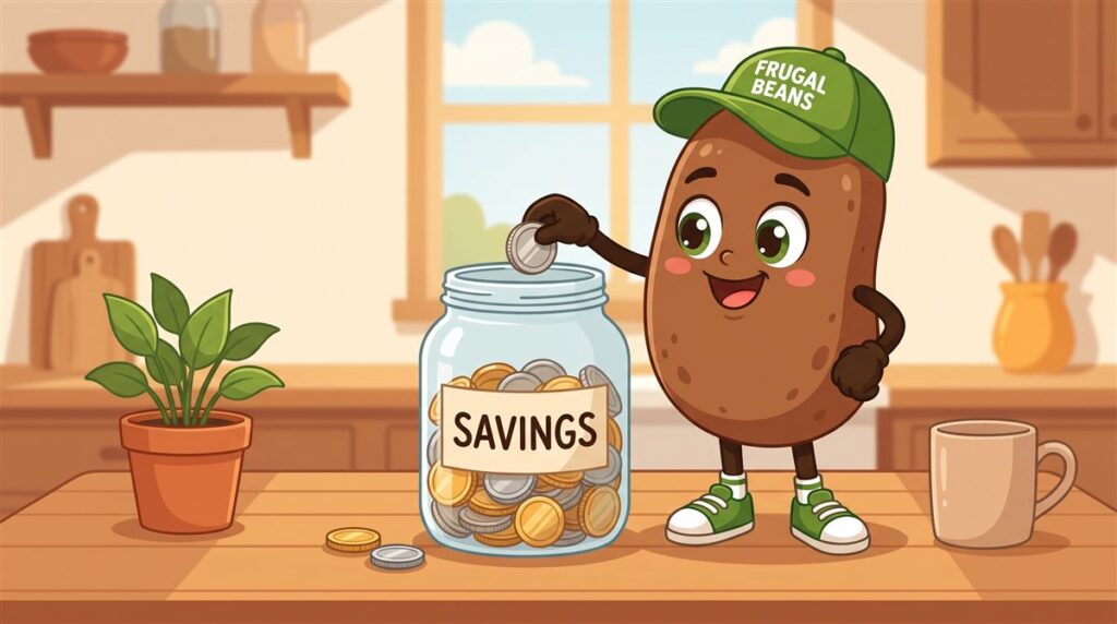 Ways to save money: Bo the Frugal Beans mascot drops a coin into a jar labeled savings