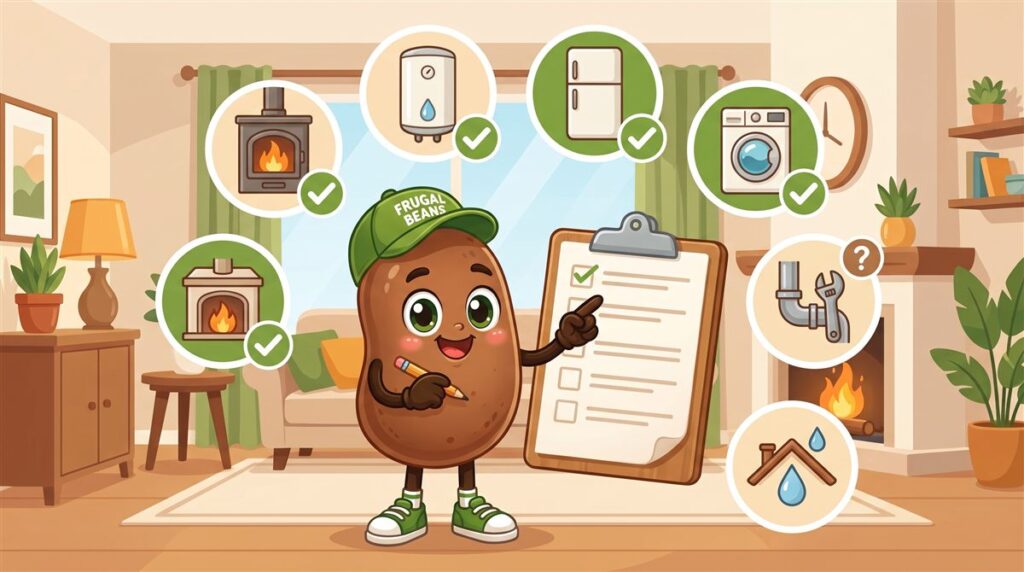 Bo the bean checks a list of what a home warranty covers: furnace, water heater, refrigerator, washer, plumbing and roof