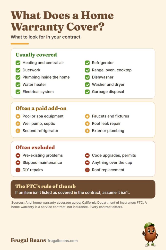 What does a home warranty cover infographic: usually covered, often a paid add-on, and often excluded