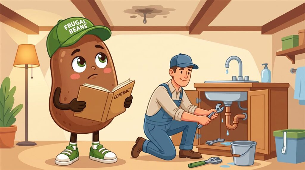 Bo reads a home warranty contract while a plumber fixes a leaking pipe and a roof leak stains the ceiling